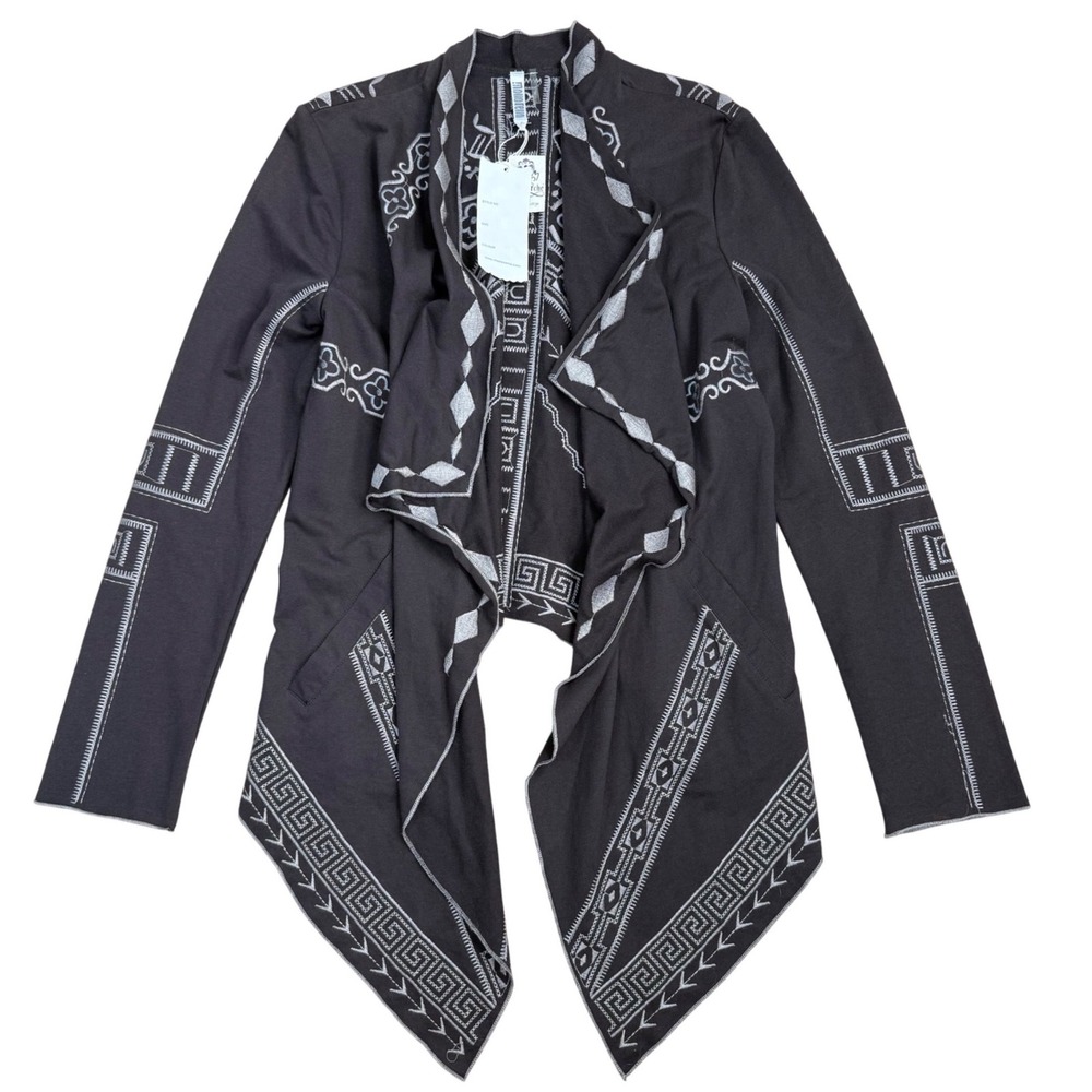 MonoReno Embroidered Drape Front Cardigan Women L Brown Southwestern Boho Artsy